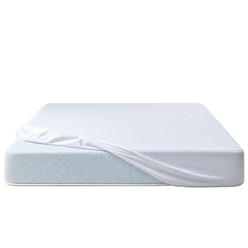 A white fitted sheet draped over a light blue mattress, shown against a solid white background.