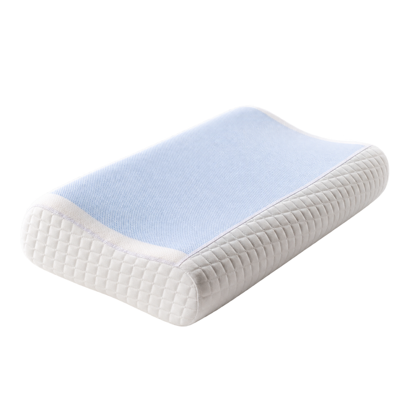 A contoured cervical pillow with a light blue top surface and a white quilted side bolster, shown on a plain white background.