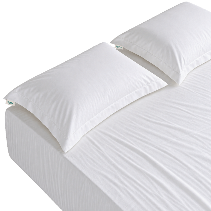 White bed sheet and two matching pillowcases on a bed, photographed against a clean white background.