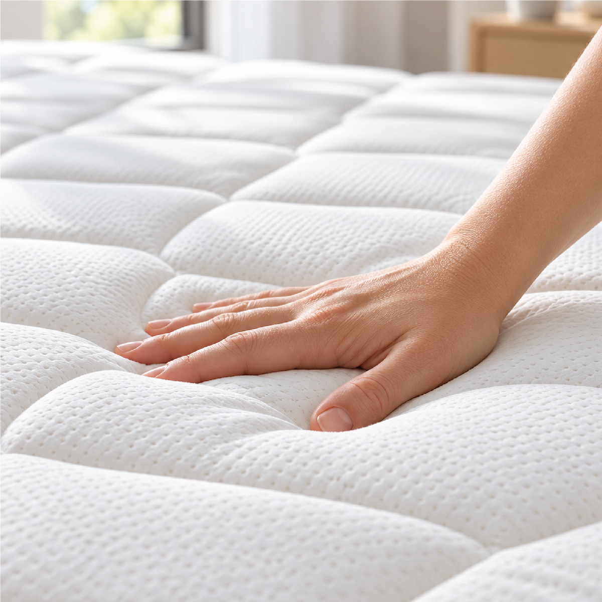 Close-up of a hand pressing into a white quilted mattress, demonstrating its soft cushioning and comfort.