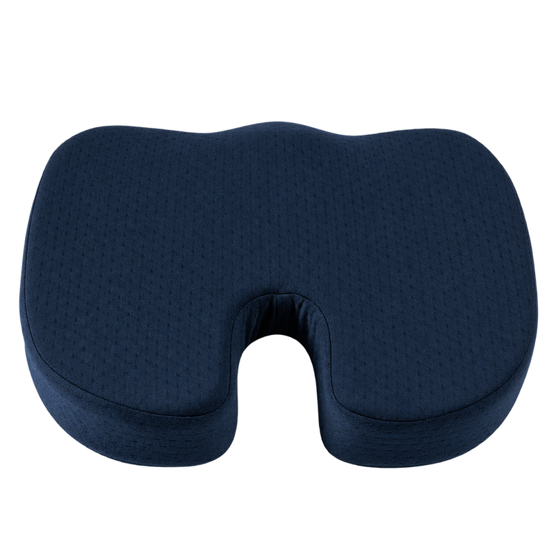 A dark navy blue ergonomic memory foam seat cushion with a textured surface, shown on a solid white background.