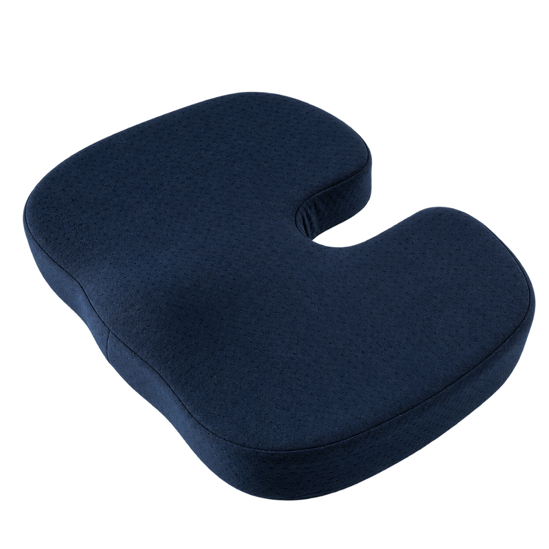A dark navy blue ergonomic memory foam seat cushion with a curved U-shape design, shown on a solid white background.