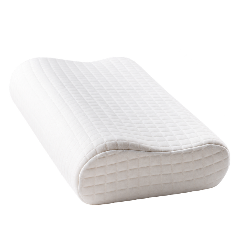 A white contoured pillow with a quilted diamond pattern, shown on a solid white background.